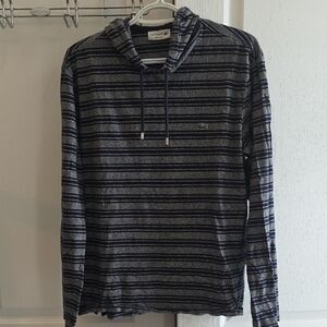 Lacoste Men's Striped Pullover Hoodie 100% Cotton Navy & Grey Size Large